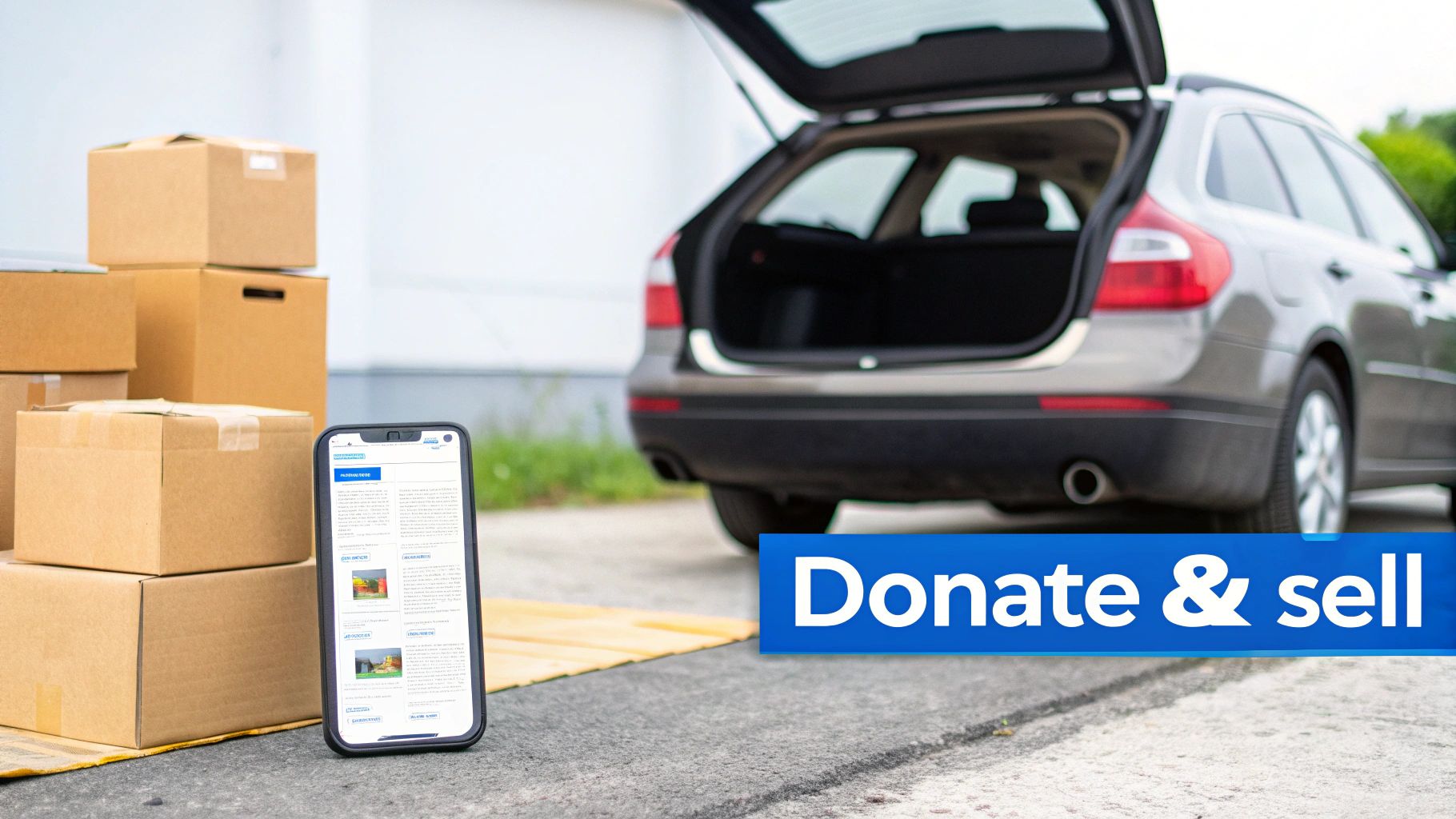 A smartphone displays a webpage next to cardboard boxes and a car with an open trunk, promoting donation and selling.