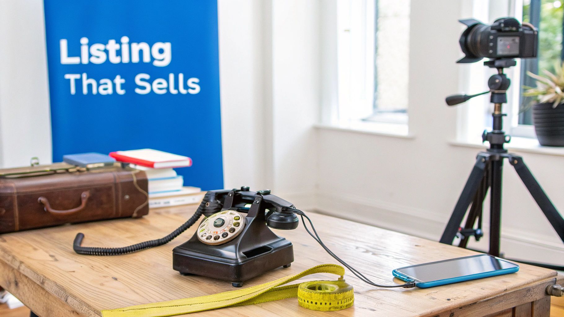 An antique rotary phone, modern smartphone, and camera on a wooden table beside a 'Listing That Sells' banner.