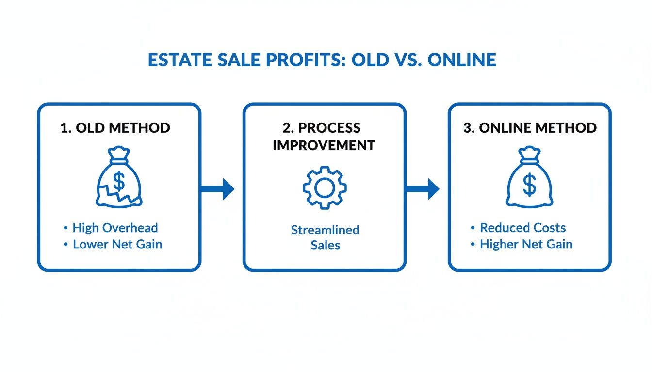 Diagram comparing old versus online estate sale methods, showing higher overhead and lower net gain for old method, and reduced costs and higher net gain for online.