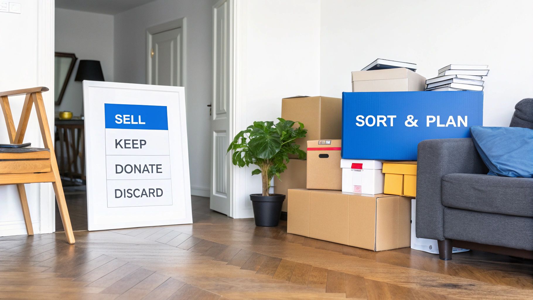 Moving boxes and sorting signs showing sell, keep, donate, discard categories for estate organization