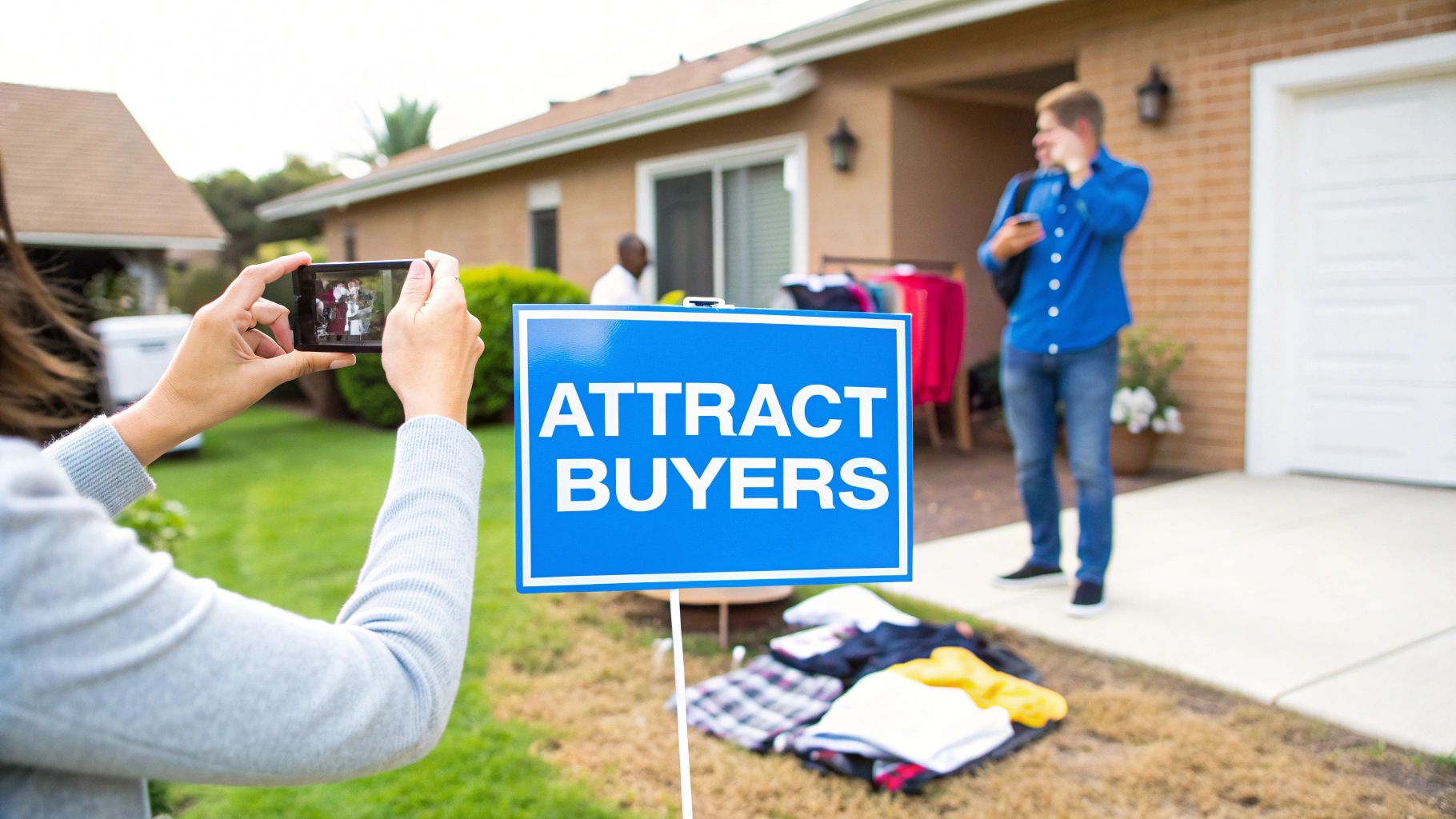 A person photographs a blue 'Attract Buyers' sign and clothes for sale at a home.