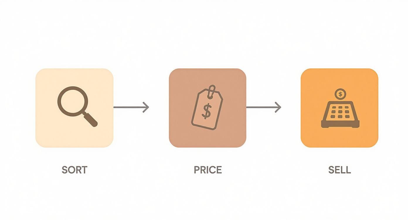 A visual three-step process: sort, price, and sell, shown with icons and text.