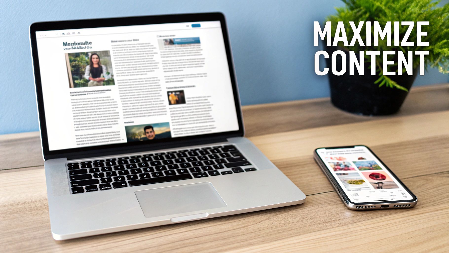 A laptop and smartphone display content, with 'MAXIMIZE CONTENT' text and a plant in the background.