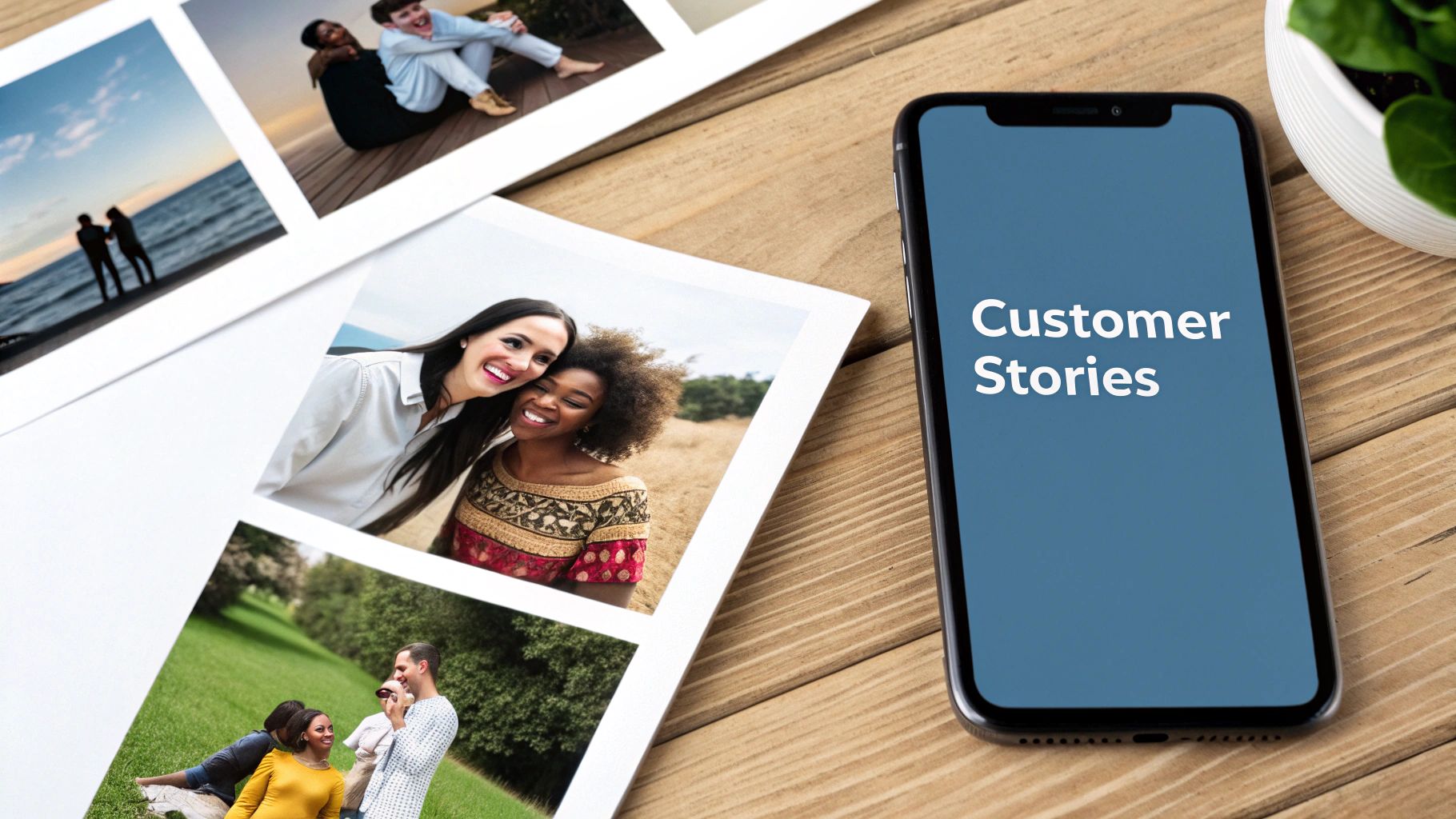 Smartphone displaying customer stories text with printed photos of happy customers on wooden desk