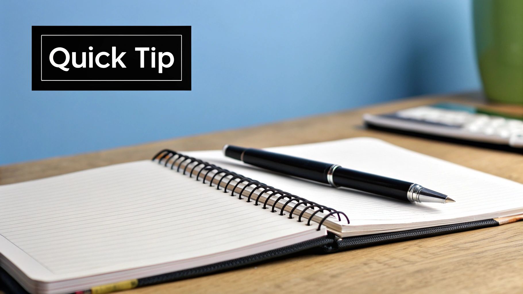 A black 'Quick Tip' banner floating above an open spiral notebook and pen on a wooden desk.
