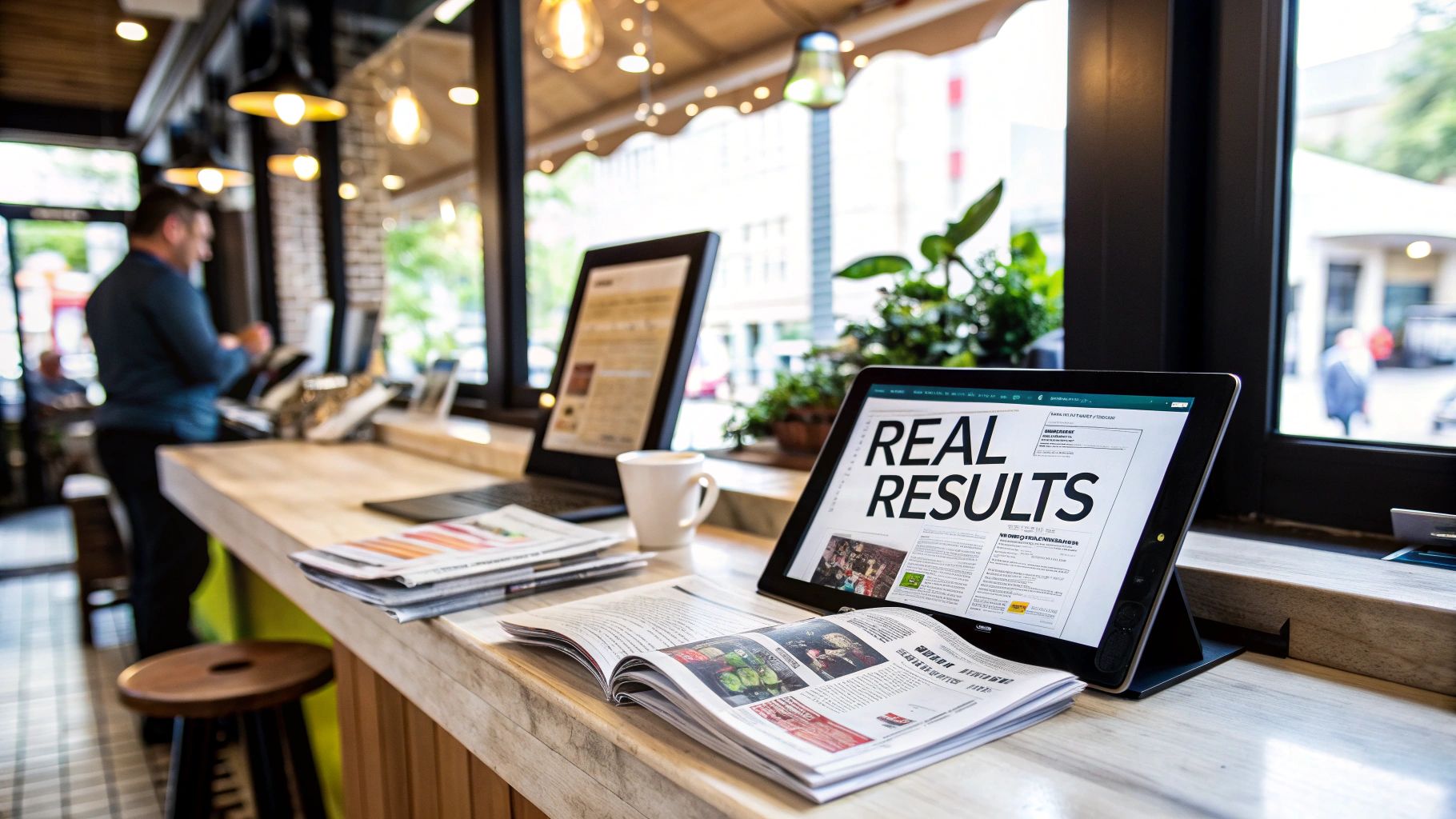 A tablet displaying 'REAL RESULTS' and a laptop on a cafe counter, with a coffee cup and magazines, suggesting a modern workspace.