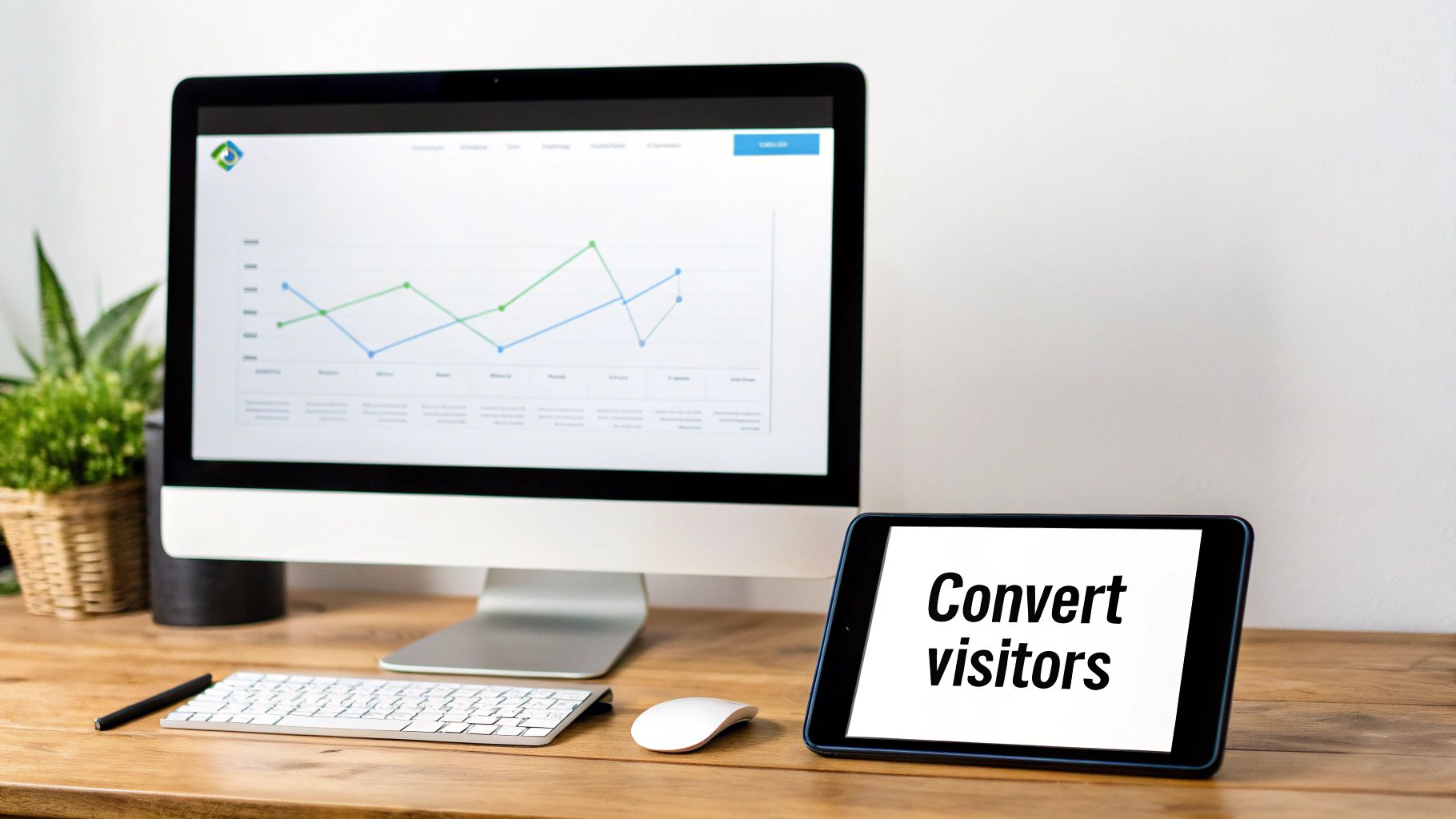 A desktop monitor showing a business analytics graph, a keyboard, mouse, and a tablet displaying 'Convert visitors' on a wooden desk.
