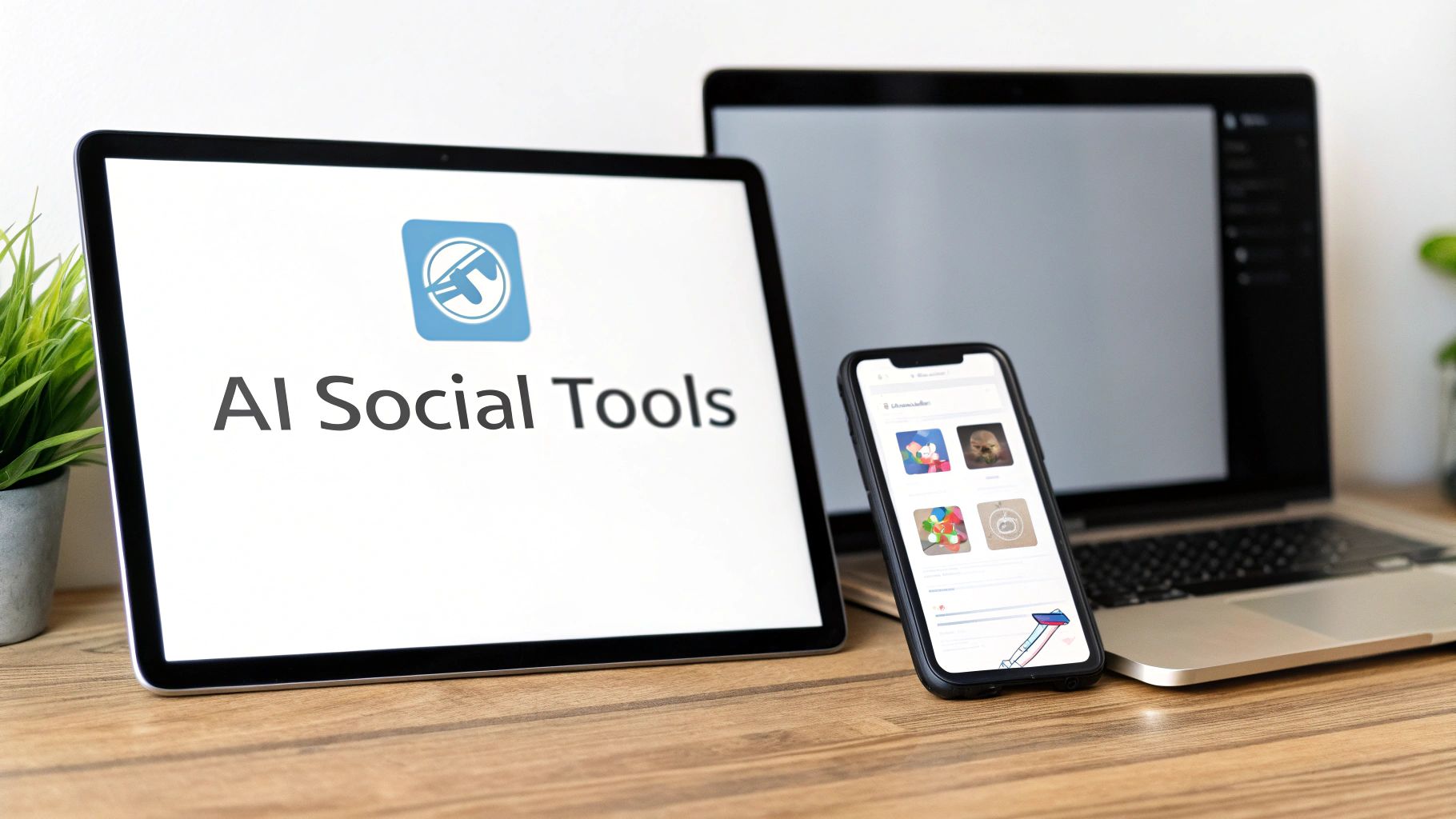 Digital devices on a desk, showing a tablet with 'AI Social Tools' and a smartphone.