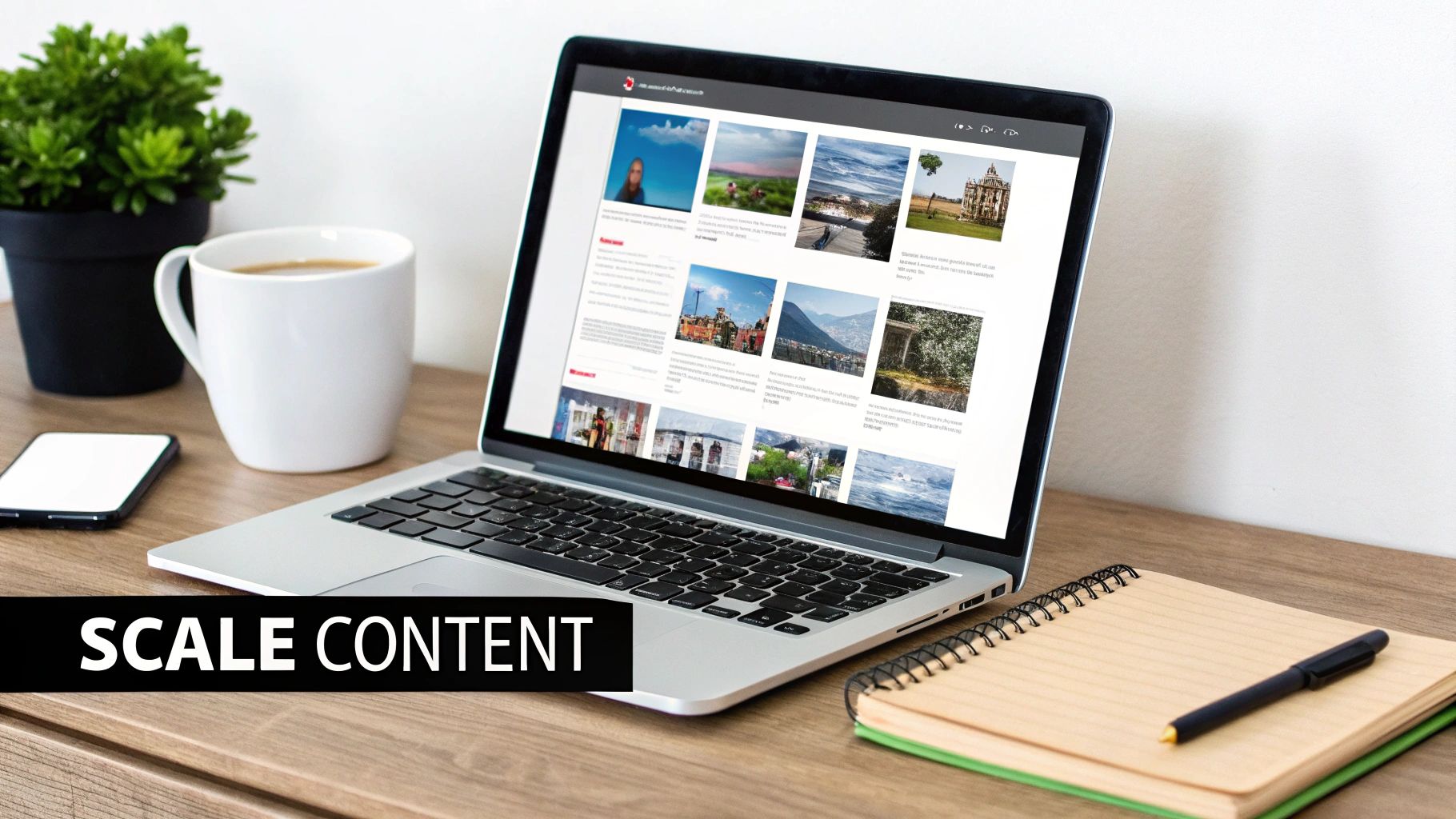 A laptop on a wooden desk displays a website with multiple images, alongside a coffee mug, plant, phone, and notebook. Text overlay reads 'SCALE CONTENT'.