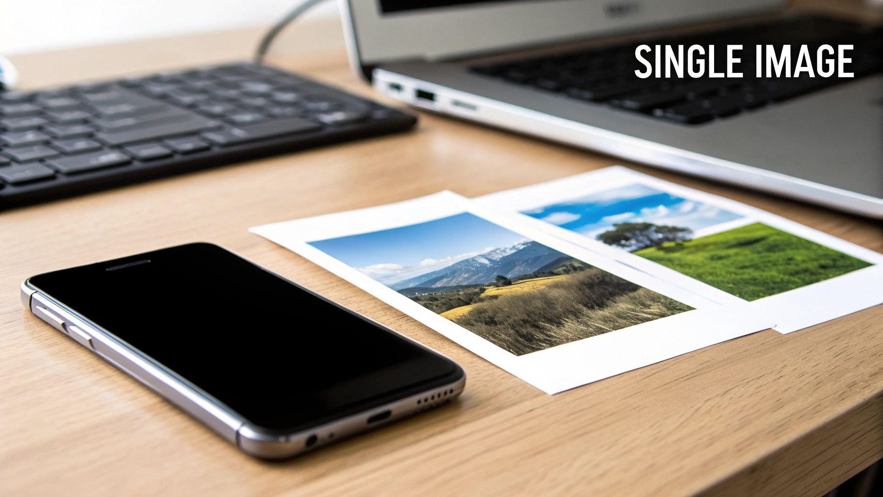 A smartphone, printed landscape photos, keyboard, and laptop arranged on a light wooden desk.