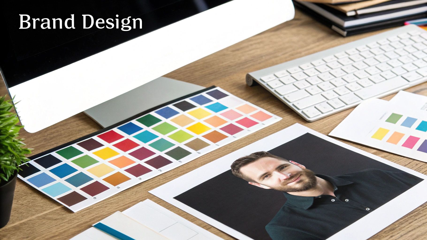 A designer's desk with a computer, color palettes, and a printed photo, representing brand design work.
