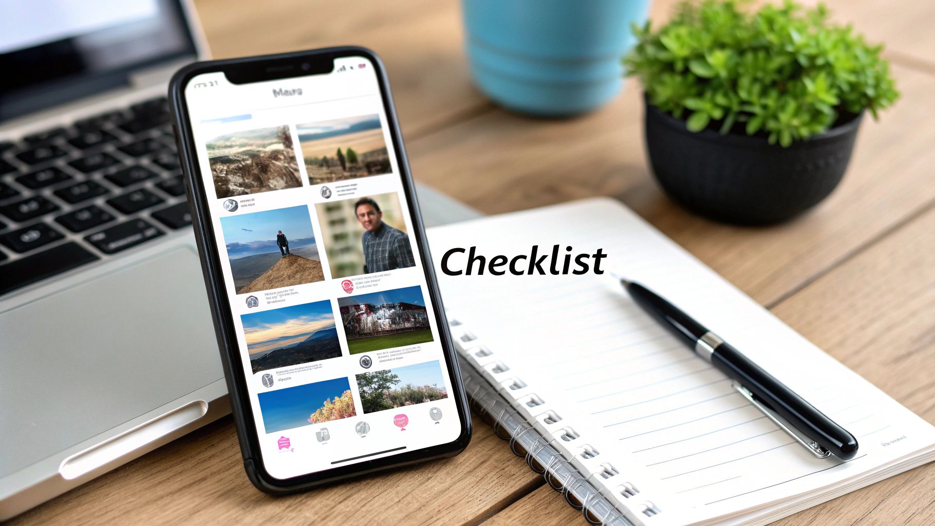 A desk with a smartphone showing a social media feed, a laptop, a 'Checklist' notebook, a pen, and plants.