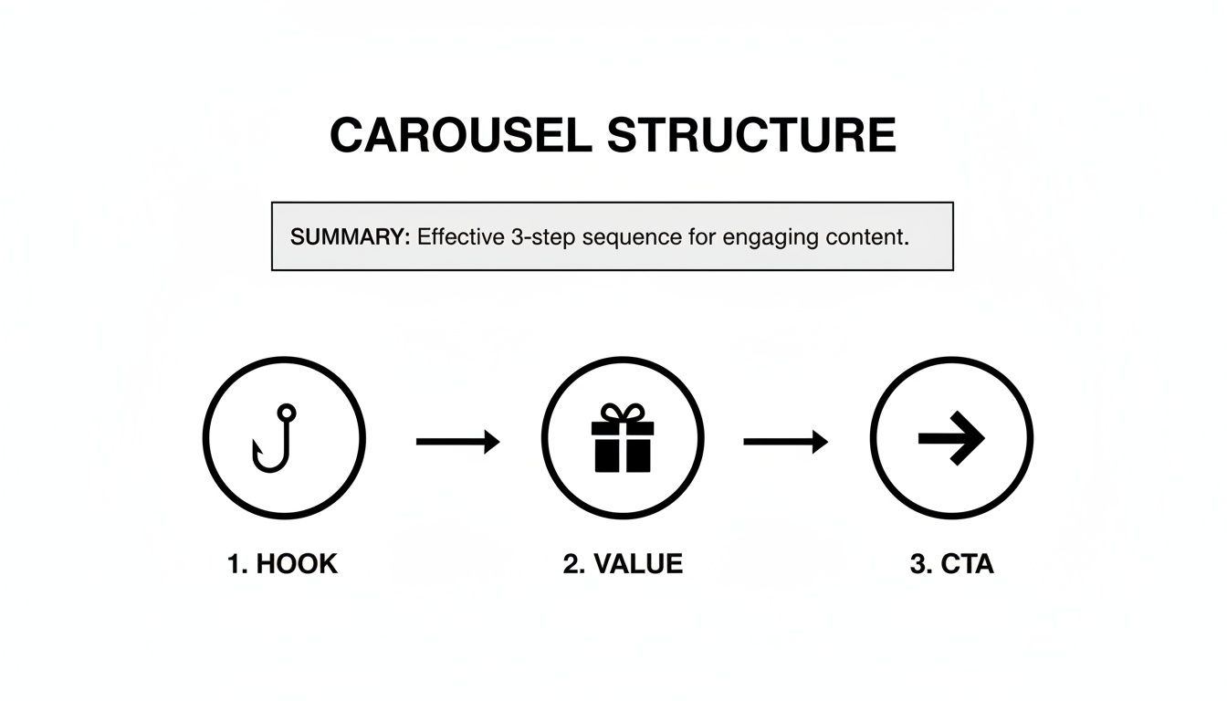 Diagram illustrating a 3-step carousel structure for engaging content: Hook, Value, and Call to Action (CTA).