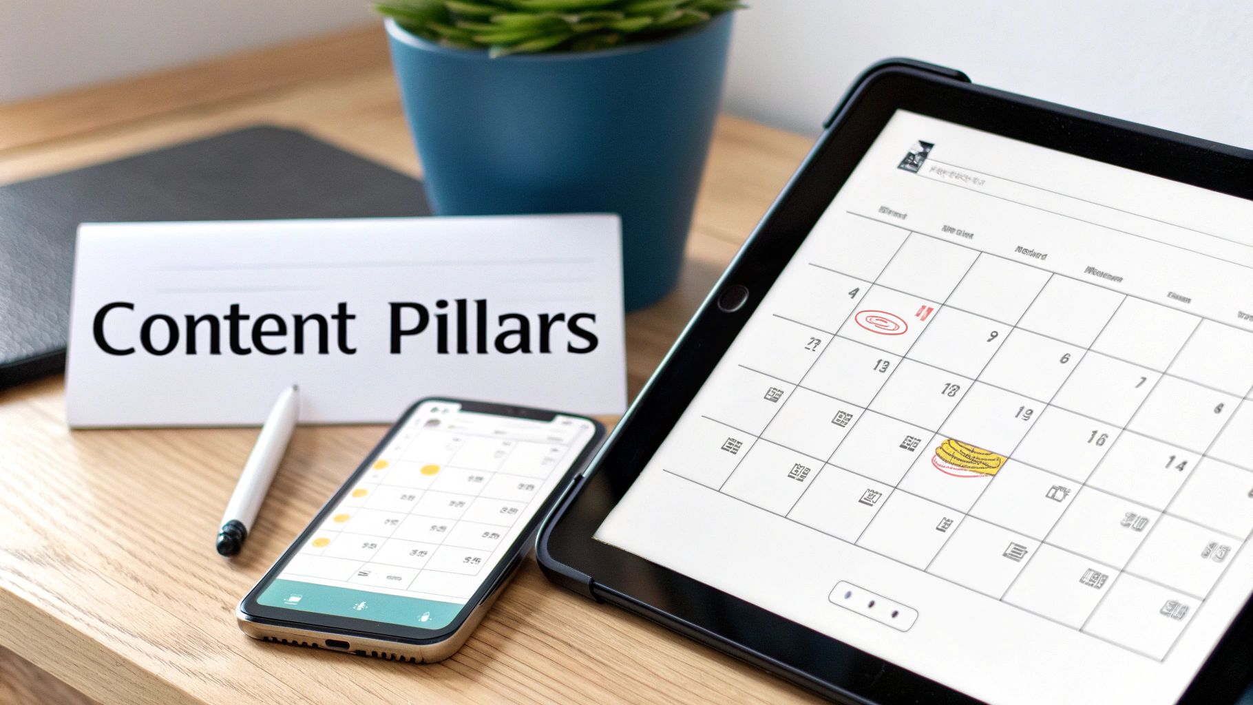 A 'Content Pillars' sign on a desk with a tablet and smartphone displaying calendar apps, ideal for content planning.