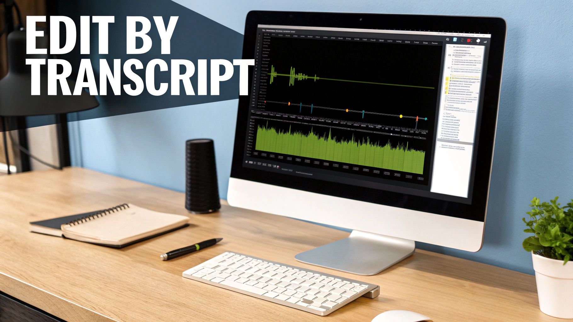 A modern desk setup with a computer showing a computer showing audio waveform editing, keyboard, speaker, and notebook.