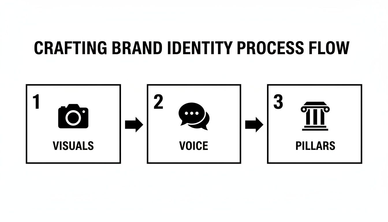 Process flow outlining three essential steps to craft a strong brand identity: visuals, voice, and pillars.