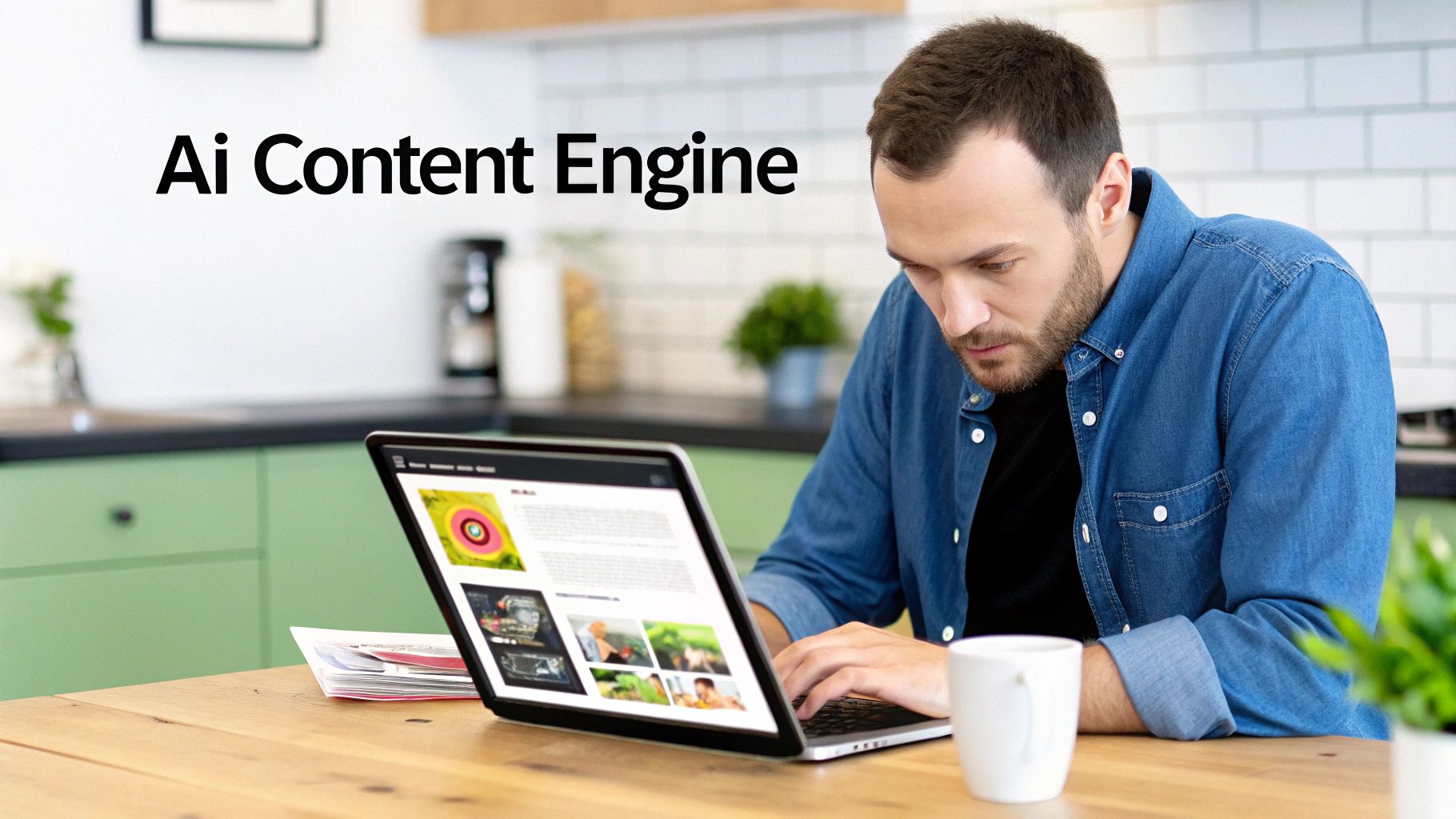 A man works on a laptop at a wooden table in a kitchen, with 'Ai Content Engine' text overlay.