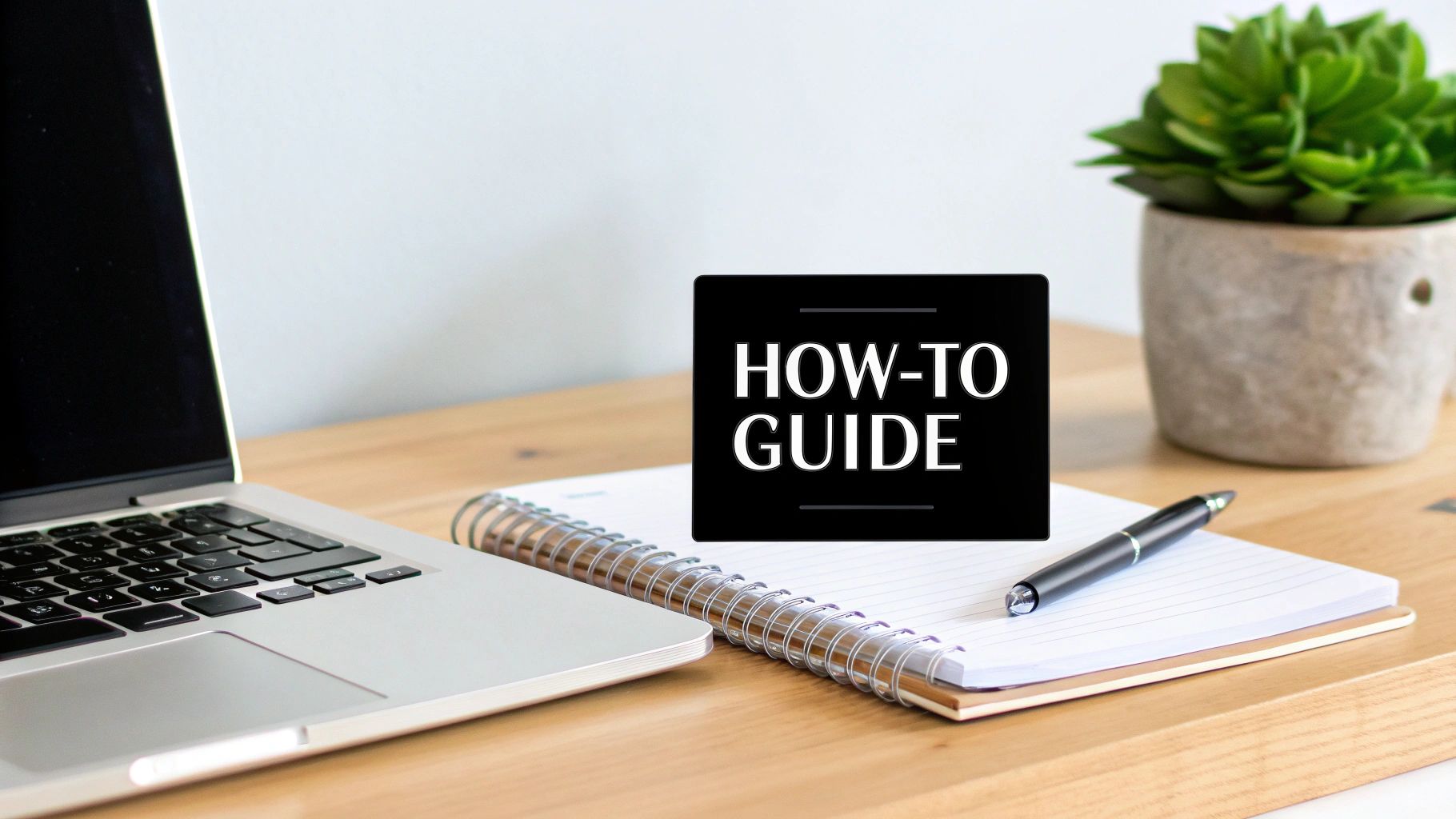 A laptop, notebook, pen, and plant on a wooden desk with a 'HOW-TO GUIDE' overlay.