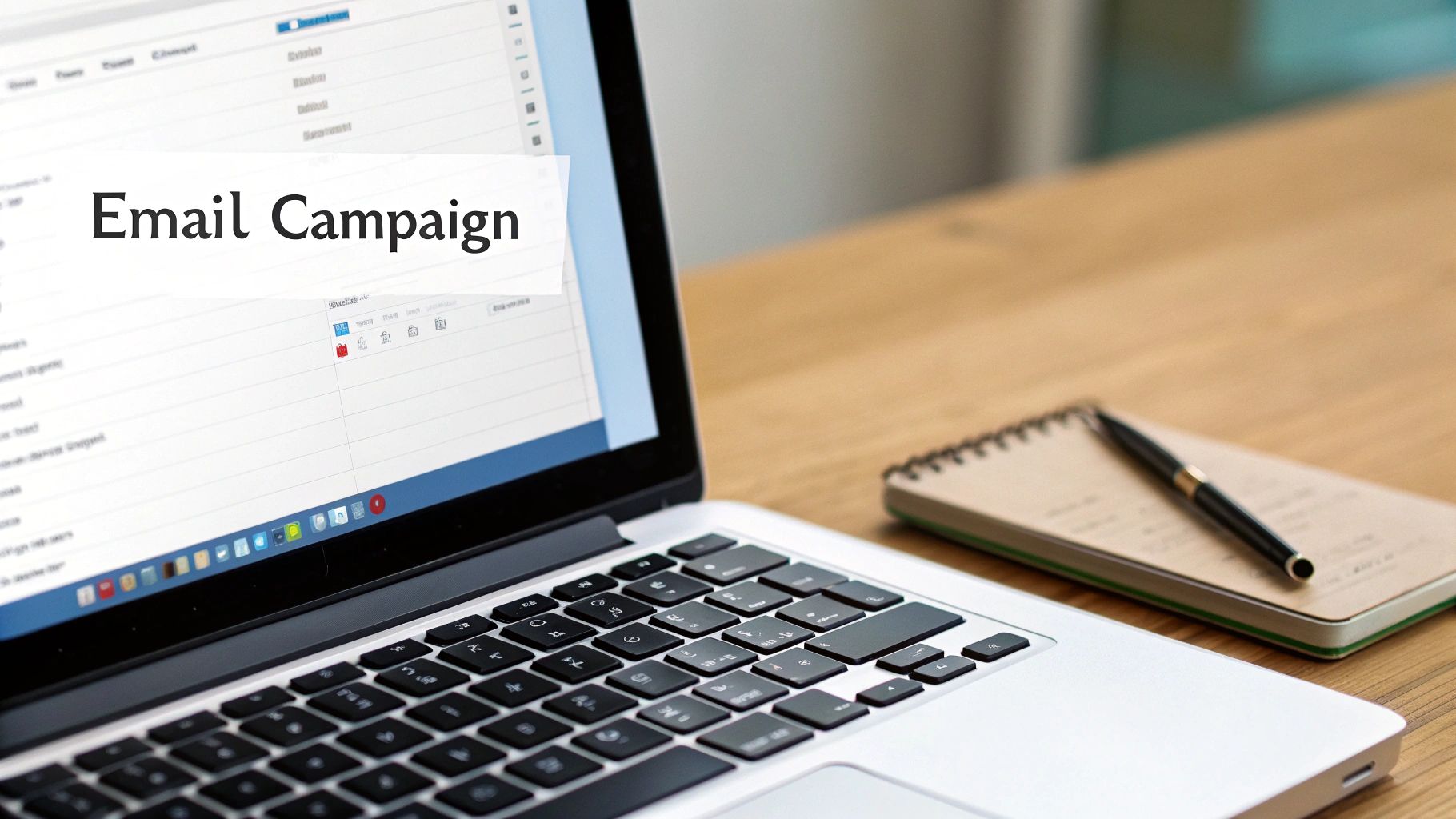 A laptop displaying 'Email Campaign' on its screen, next to a notebook and pen on a wooden desk.
