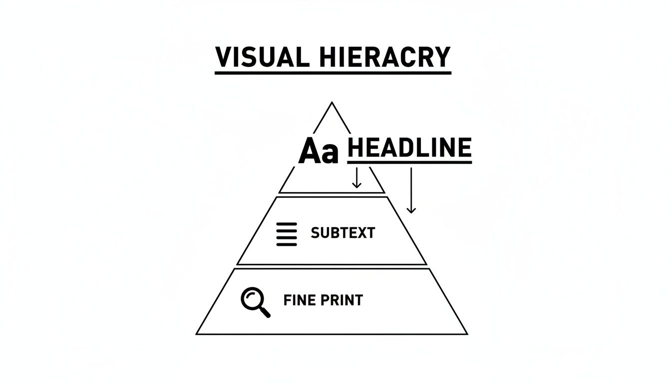 A visual hierarchy pyramid illustrating headline, subtext, and fine print in order of importance.