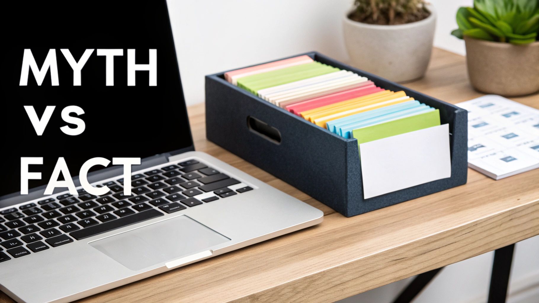 A laptop displaying 'MYTH VS FACT' text, with a colorful index card organizer on a wooden desk.