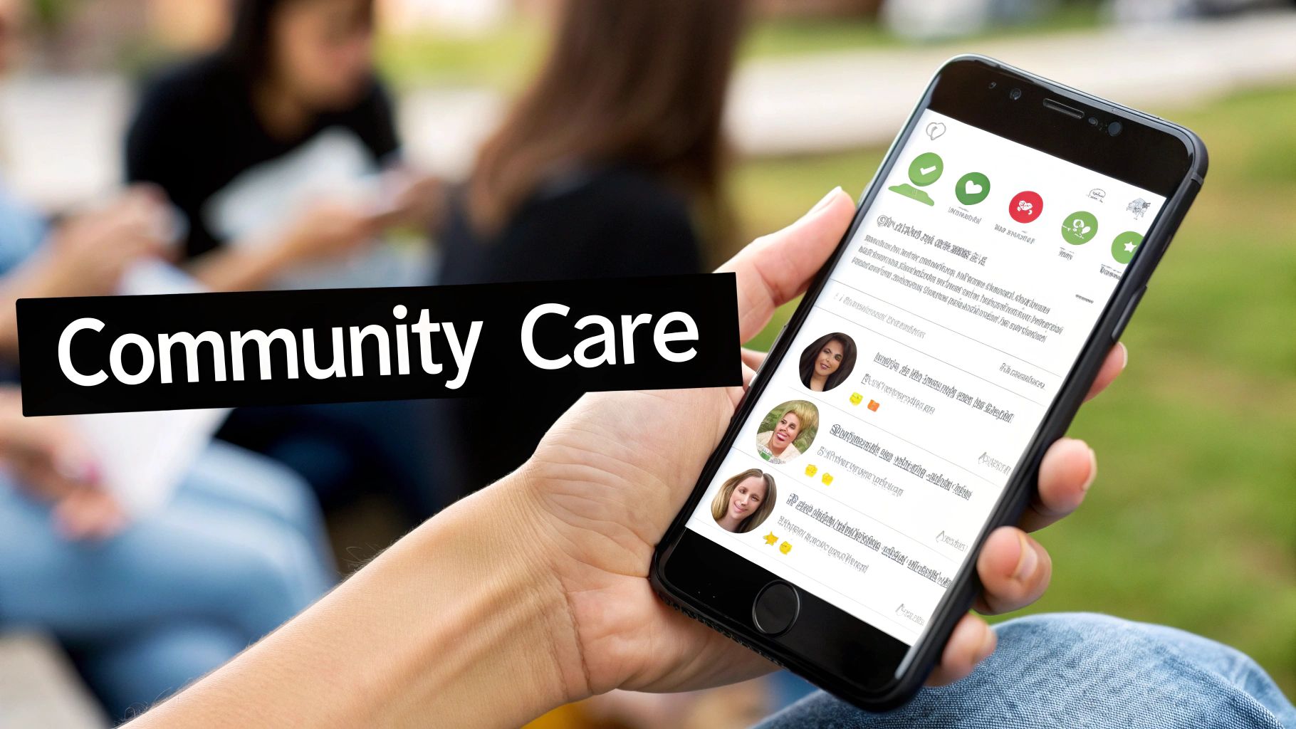 Person holding smartphone displaying community care app with user profiles and green interface icons