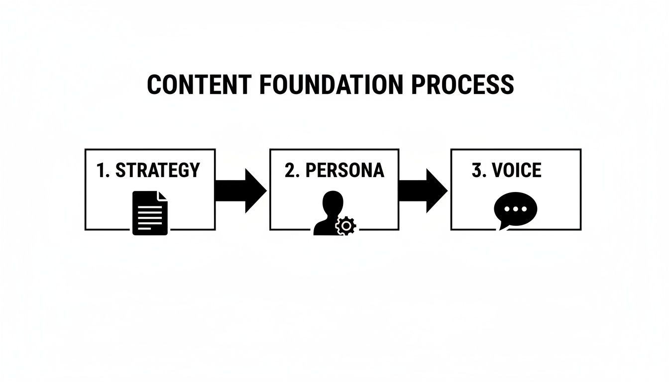 A content foundation process diagram showing three steps: 1. Strategy, 2. Persona, and 3. Voice.