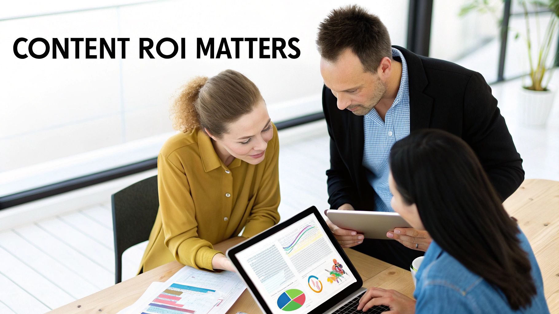 Three marketing professionals analyze content ROI data and charts on a laptop and tablet.