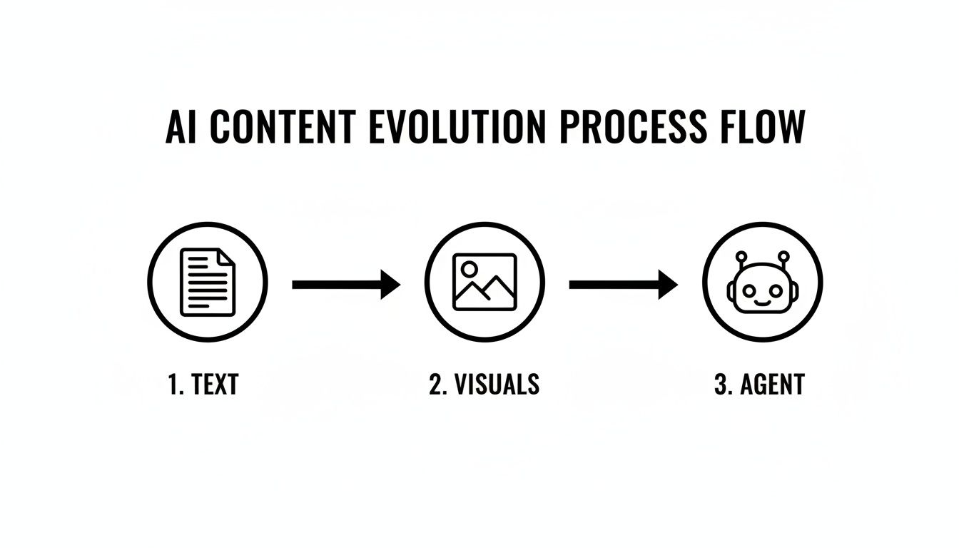 A process flow diagram illustrates the evolution of AI content creation, moving from text to visuals and finally to an AI agent.