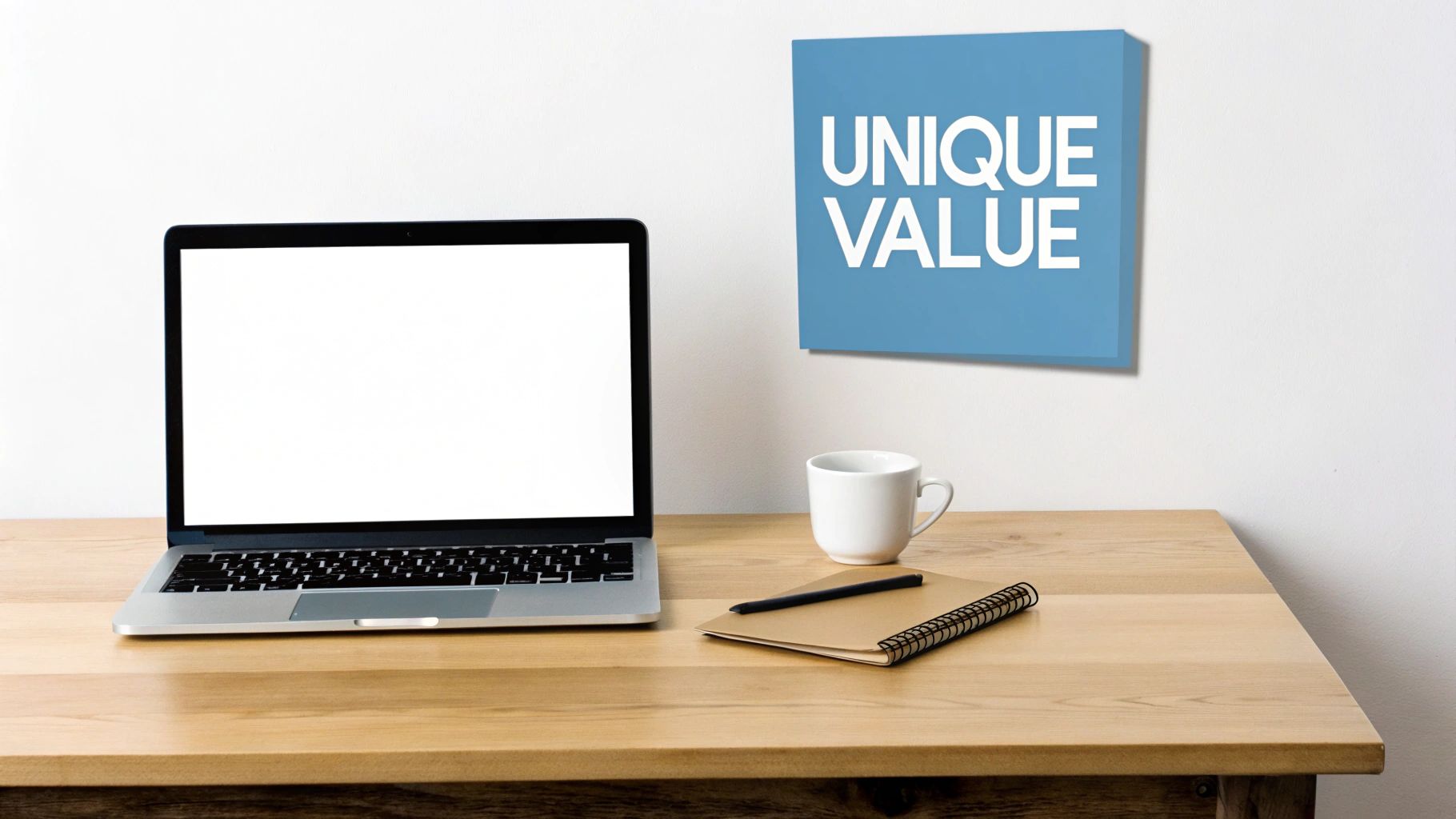 A laptop with a blank screen, coffee cup, and notebook on a wooden desk, with a 'UNIQUE VALUE' sign on the wall.