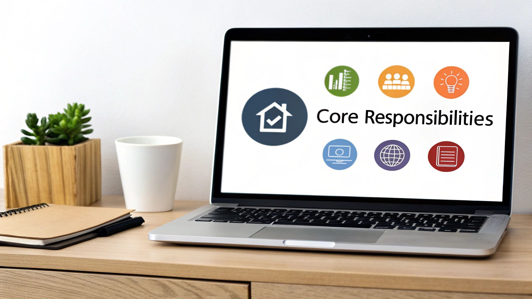 Laptop displaying core responsibilities diagram with icons for team management, ideas, communication, and documentation