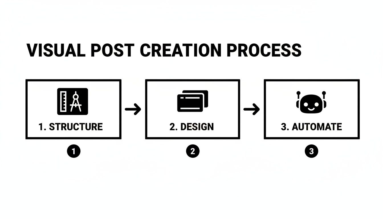 Flowchart illustrating the visual post creation process with steps for structure, design, and automate.