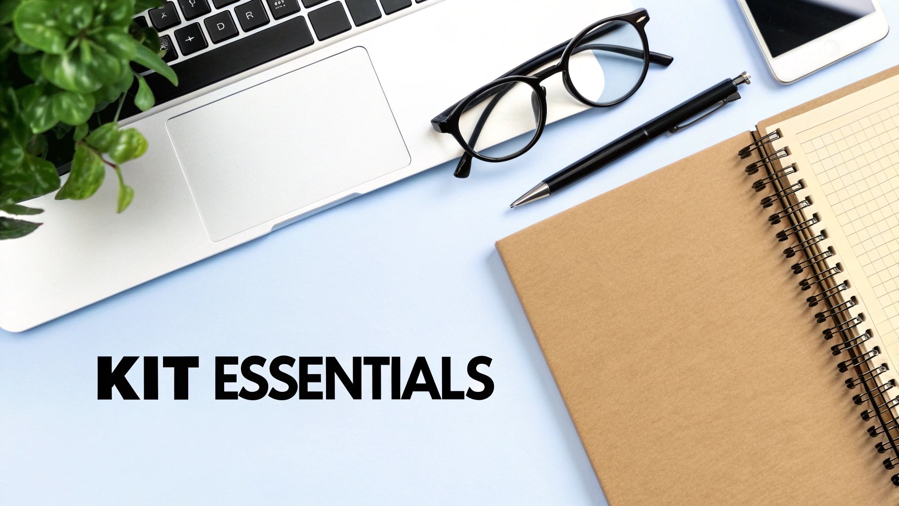 Flat lay of a professional workspace with laptop, plant, glasses, pen, phone, and a brown notebook on a light blue background.