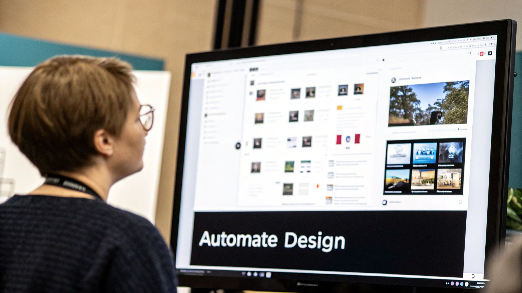 Woman in glasses looks at a computer screen showing website content and 'Automate Design'.