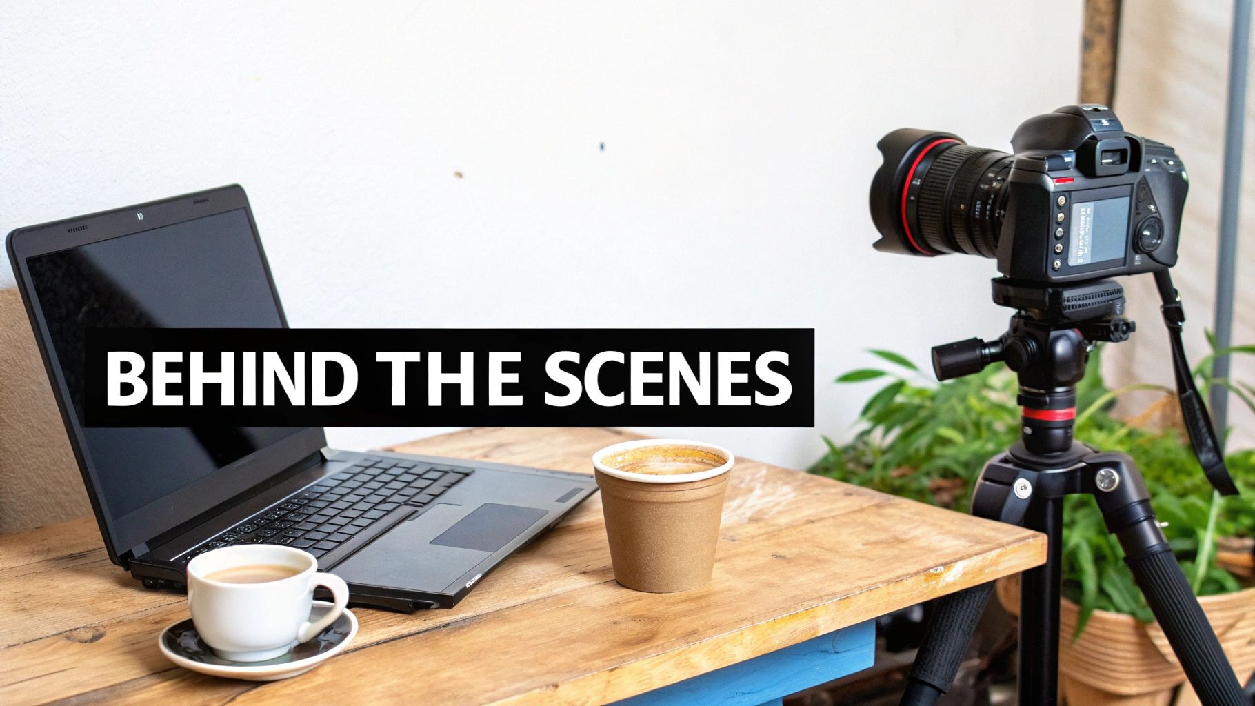 A 'Behind The Scenes' setup with a laptop, coffee, and a DSLR camera on a tripod.