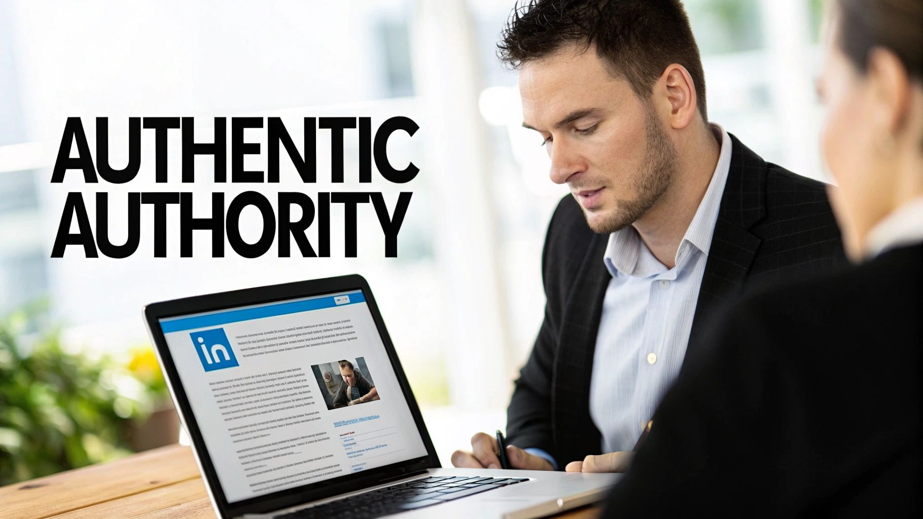 Two professionals discussing a LinkedIn profile on a laptop, with text 'Authentic Authority' overlay.