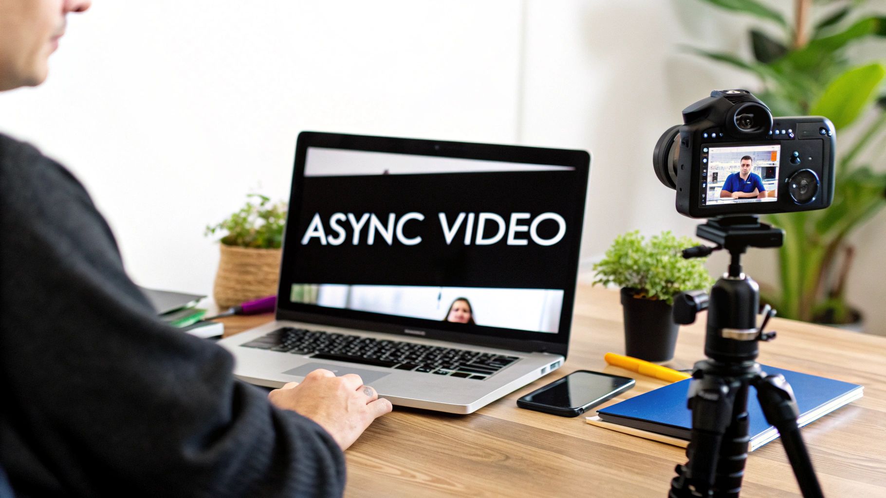 A person records async video content using a laptop and a professional camera setup.