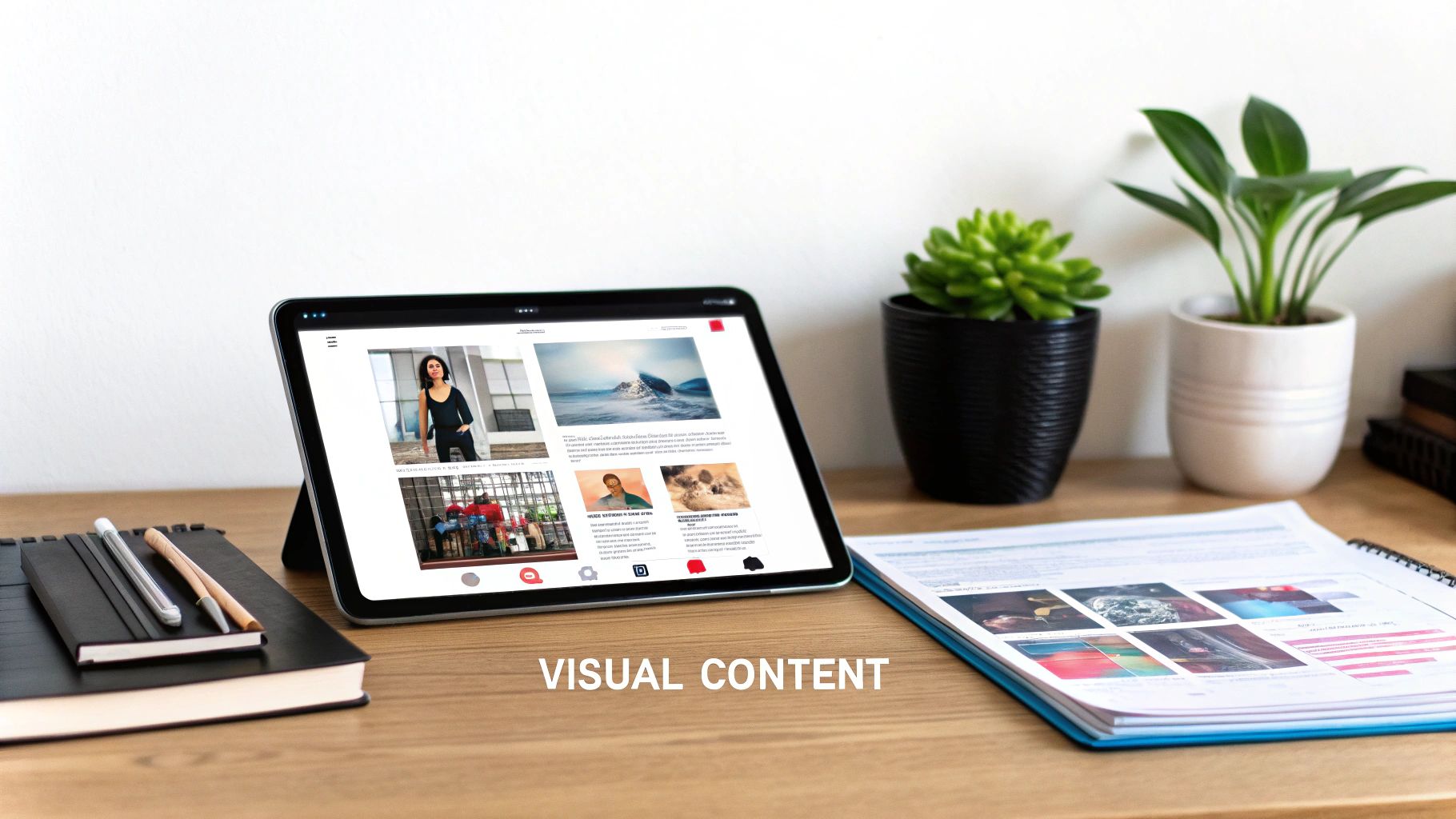 A desk setup with a tablet displaying visual content, a notebook, and plants, highlighting digital and print media.