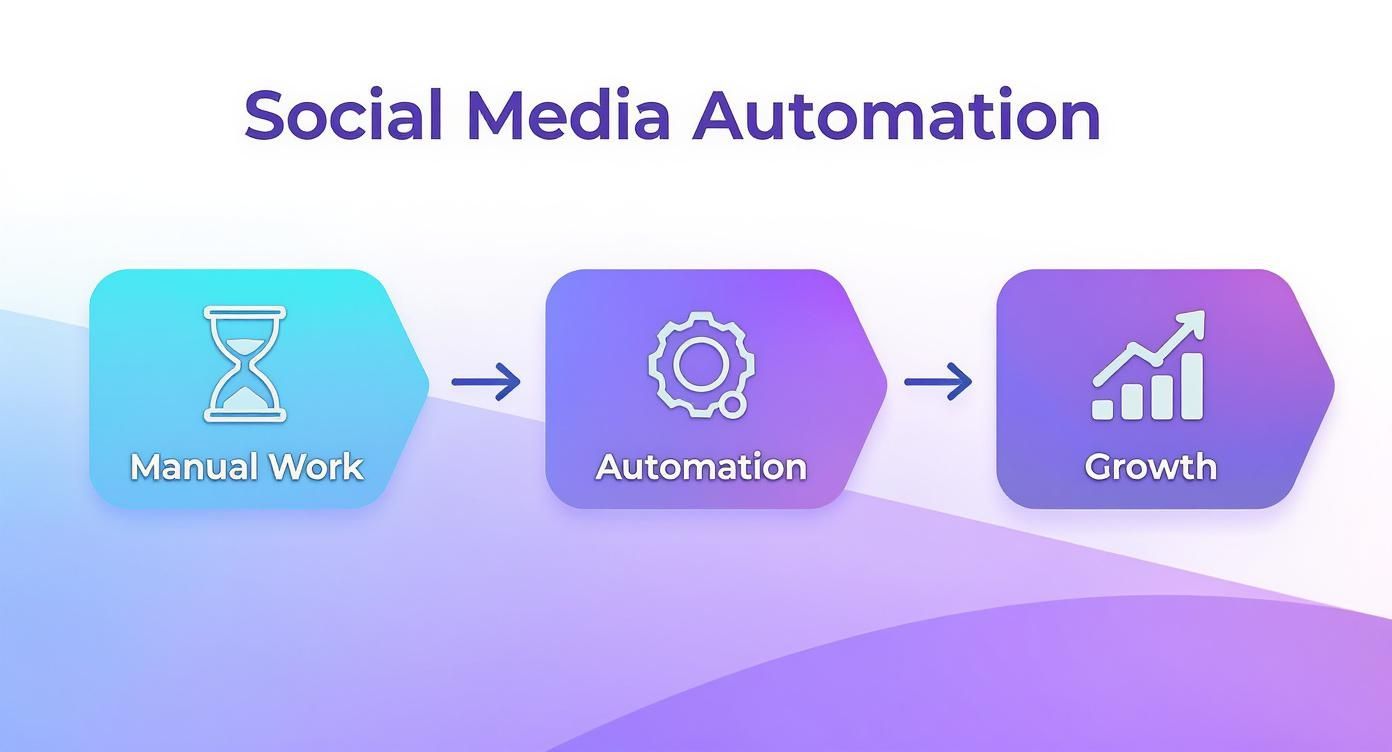 A diagram illustrating social media automation leading from manual work to automation and growth.