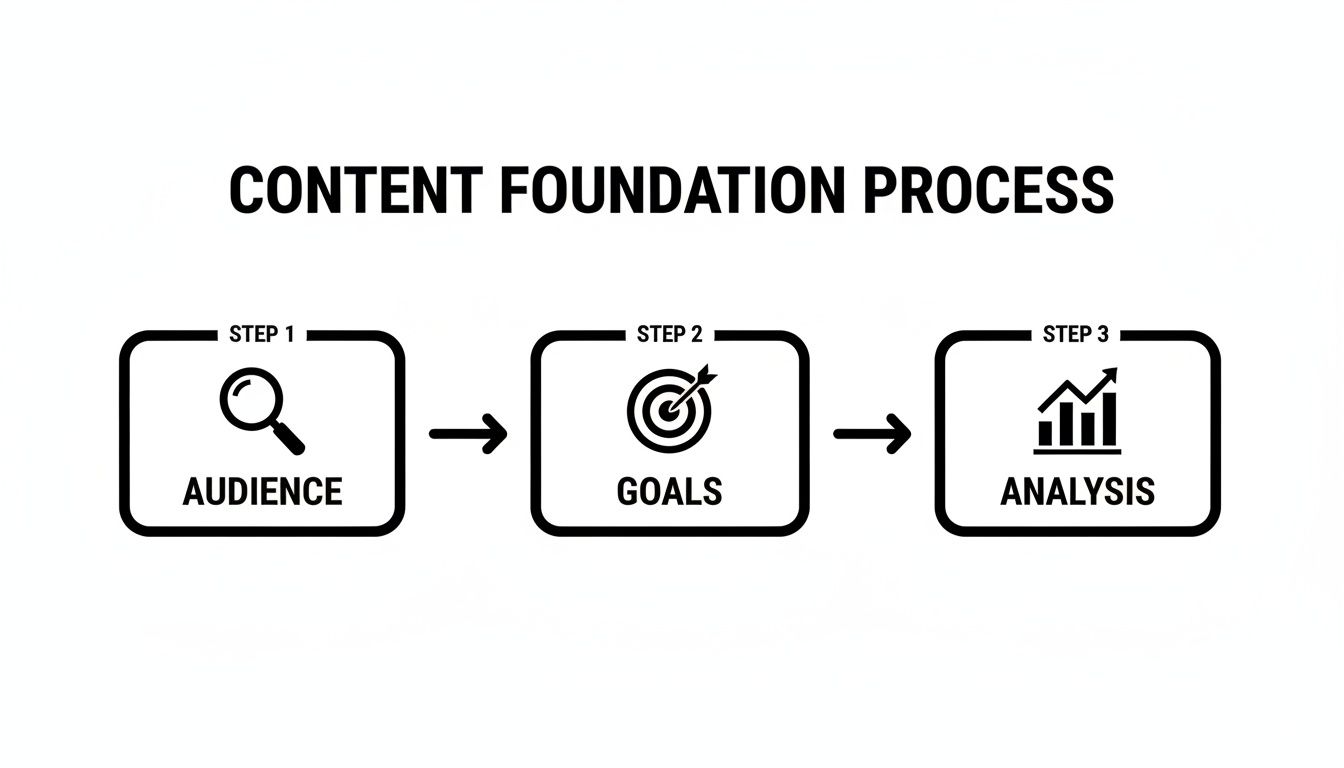Diagram showing the content foundation process with three steps: Audience, Goals, and Analysis.