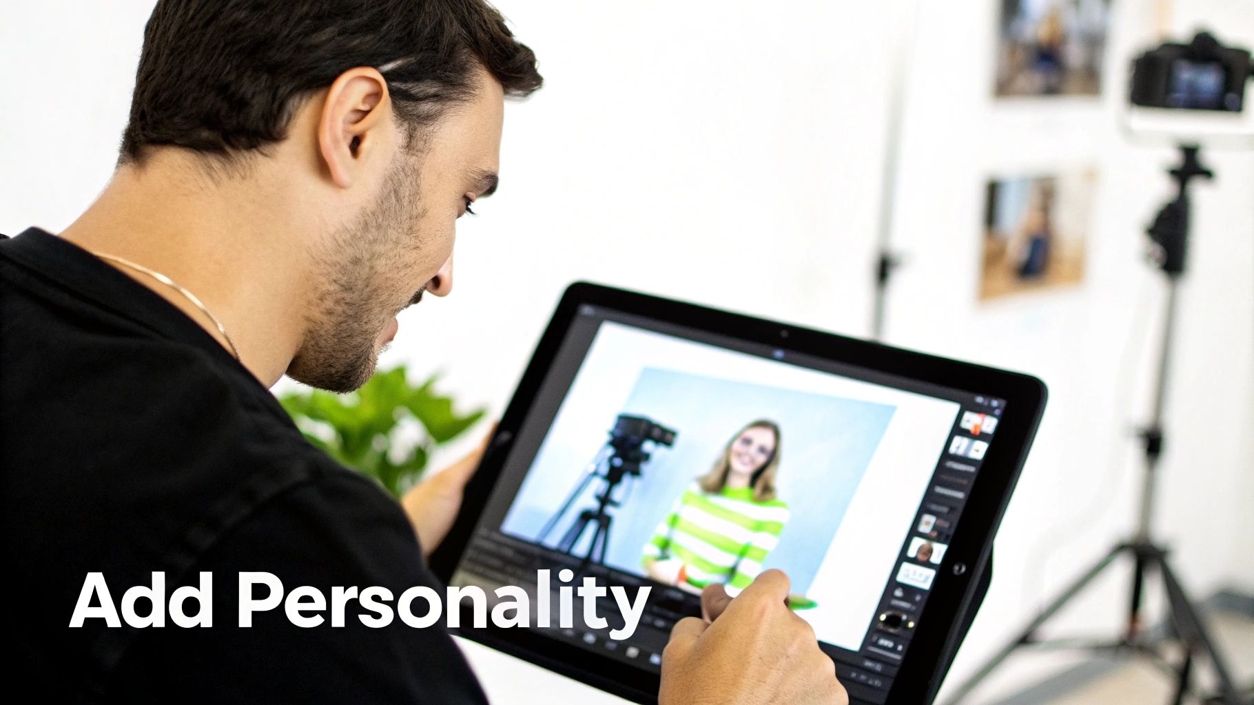 A person refining AI-generated content on a laptop, a personal touches.