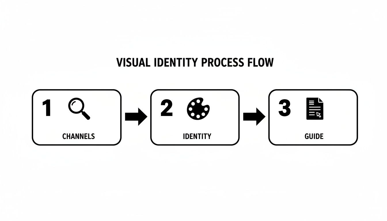 A visual identity process flow diagram showing three steps: Channels, Identity, and Guide.