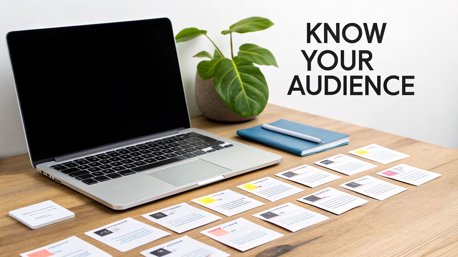 A laptop, plant, notebook, and cards on a wooden desk with 'KNOW YOUR AUDIENCE' text.