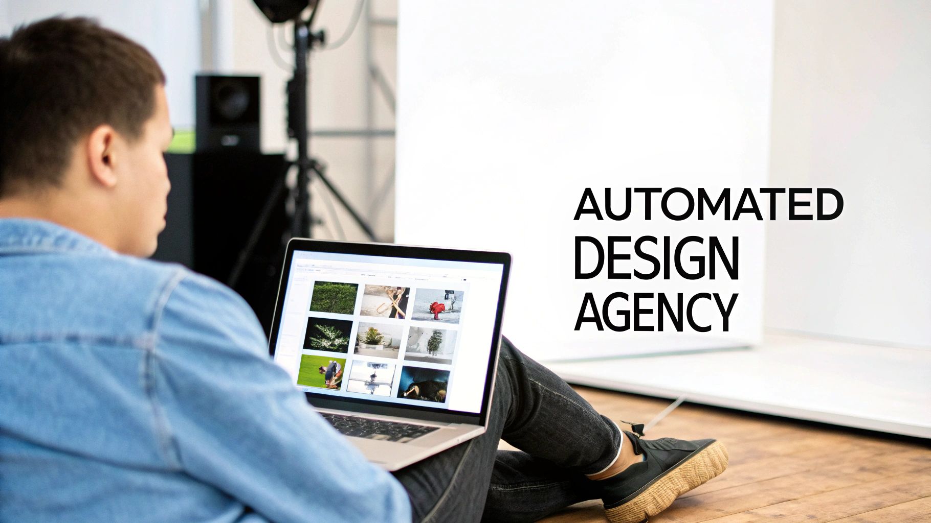 A person sits on a wooden floor, viewing a grid of images on a laptop screen, with 'AUTOMATED DESIGN AGENCY' text.