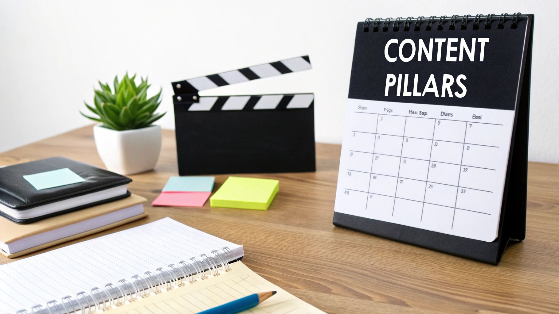 A desk setup featuring a calendar displaying 'CONTENT PILLARS,' a clapboard, and notebooks, symbolizing content planning.