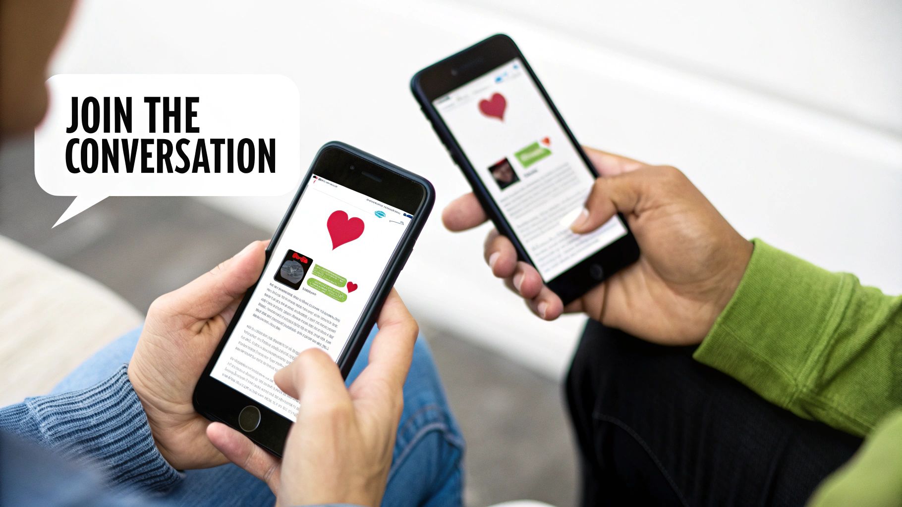 Two people hold smartphones displaying social media posts with hearts and a 'Join the Conversation' bubble.