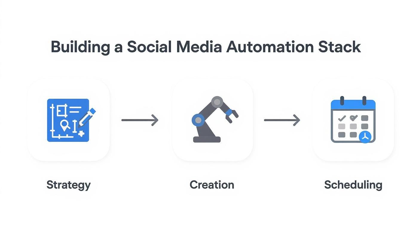 A diagram outlining the three steps for social media automation: strategy, creation, and scheduling.