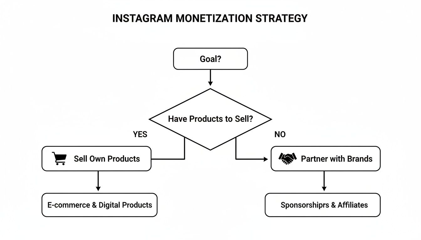 A flowchart outlining Instagram monetization strategies, based on whether one has products to sell.