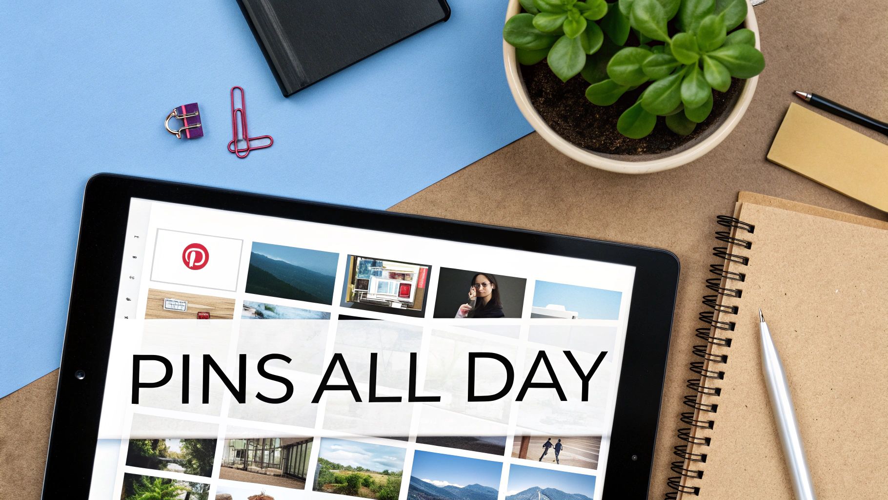 Tablet displaying Pinterest interface with pins all day text on organized workspace desk