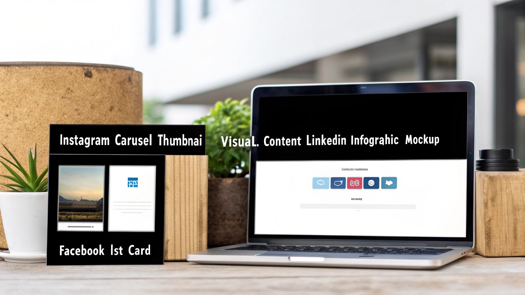 Laptop displays a LinkedIn infographic mockup beside a card showing Instagram carousel and Facebook content.